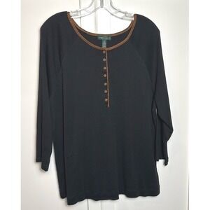 Lauren Ralph Lauren Jeans Co. Long Sleeve Henley Top Brown Trim Casual Basic‎